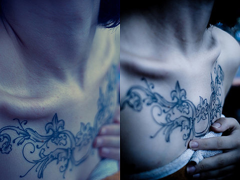 “fuckyeahtattoos:misselise:i love the way chest pieces look on girls, 