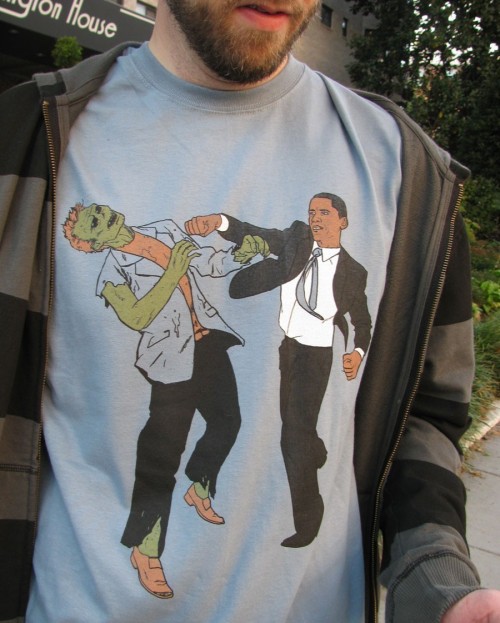 Tee of the Day: “Obama vs. Zombies” by Chris Piers for Etsy seller Tina Seamonster. “Some days we just want to see Obama hit a zombie in the face.” Some days = those ending in “y.” [via.]